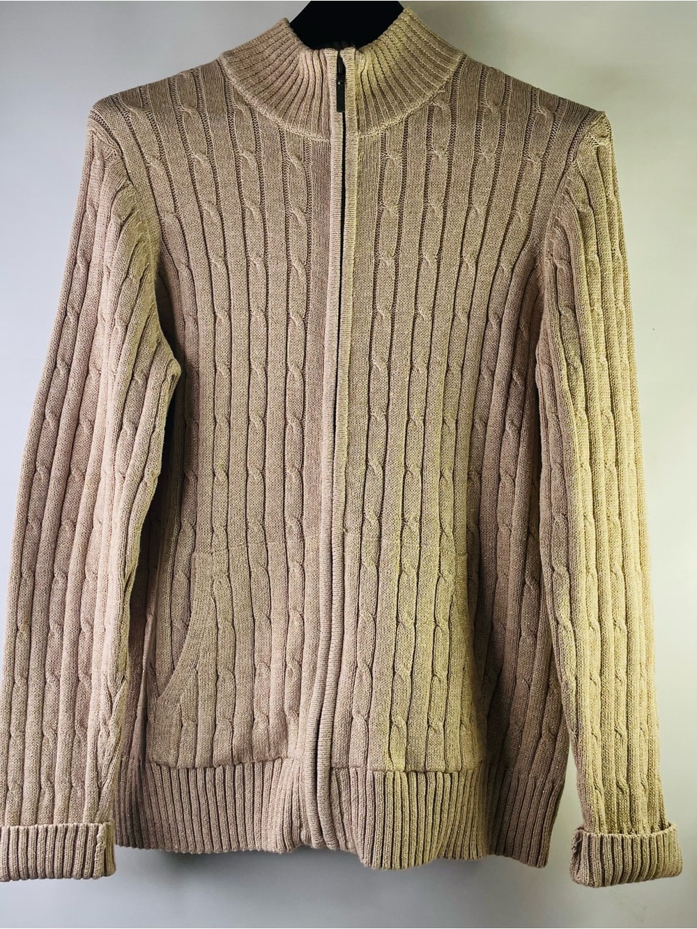 croft & barrow Women’s  Zip-Up Cable Knit Sweater Jacket in Beige With Pocket